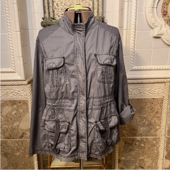 Maurices. Size XXL 2X. Cotton Gray Zip Snap Roll Tab Sleeve Jacket Coat. B82 - Picture 1 of 8